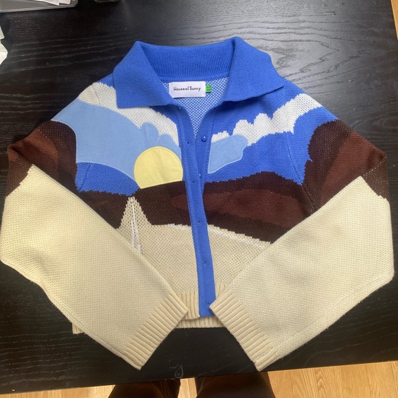 House of Sunny Sweaters - House of Sunny Blue and Brown Scenic Cardigan